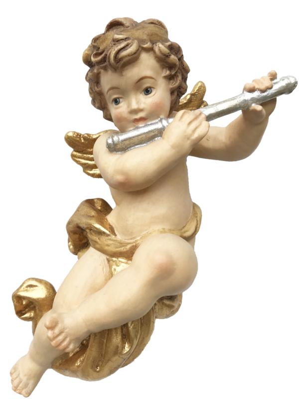 Flying wood carved Putti Angel with Cross Flute - color
