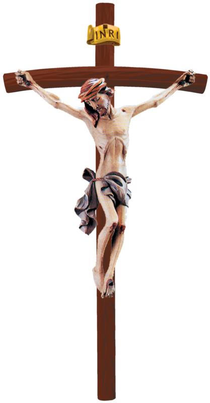 Christuskörper auf gebogenen dunklen Balken - Blaues Tuch