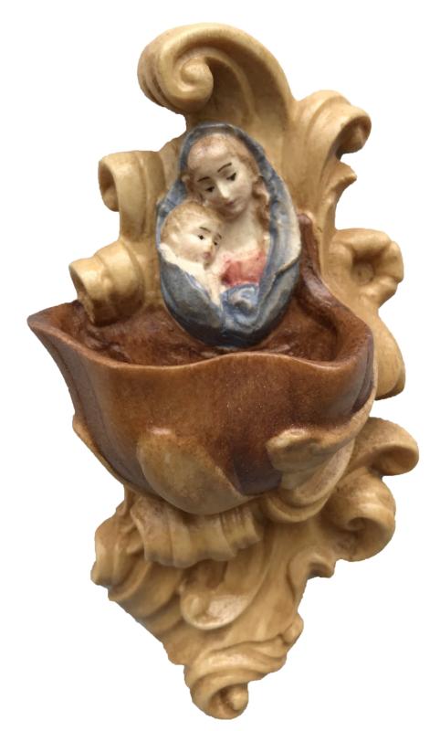 Weihwasser-Becken mit Madonna aus Holz - mit Ölfarben lasiert