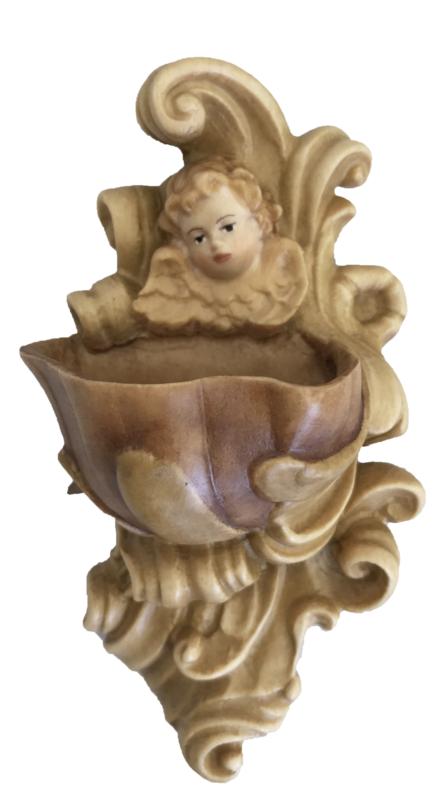 Weihwasser-Becken mit Engelkopf aus Holz - mit Ölfarben lasiert
