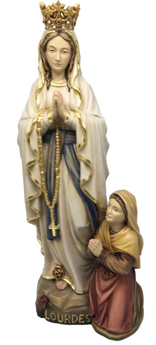 Our Lady of Lourdes with Crown, Bernadette in wood - color