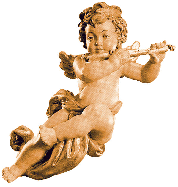 Flying wood carved Putti Angel with Cross Flute - color
