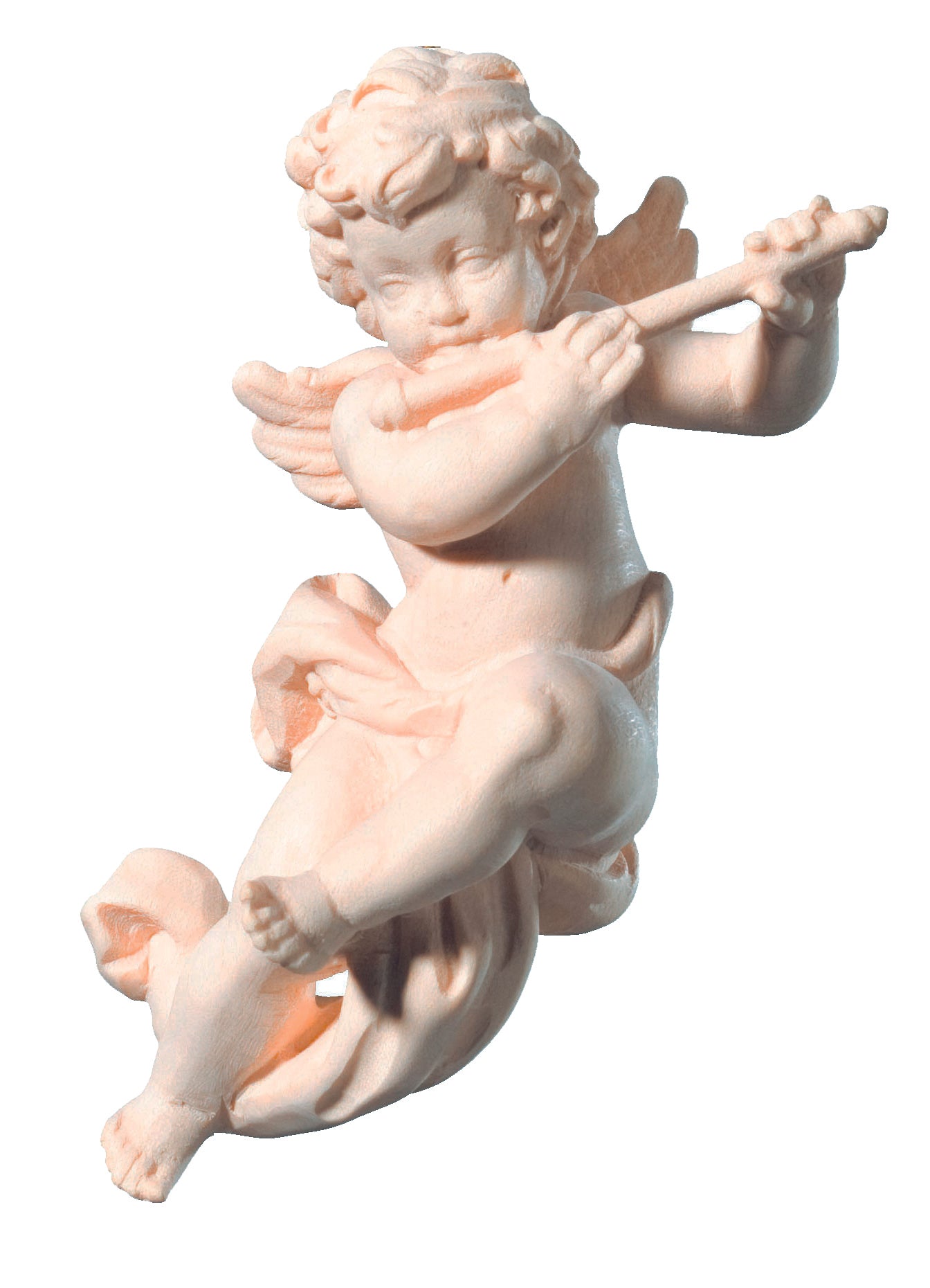 Flying wood carved Putti Angel with Cross Flute - color