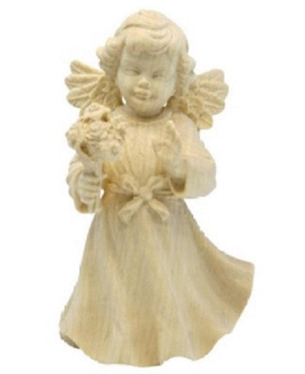 Angelo in legno naturale scolpito con fiore