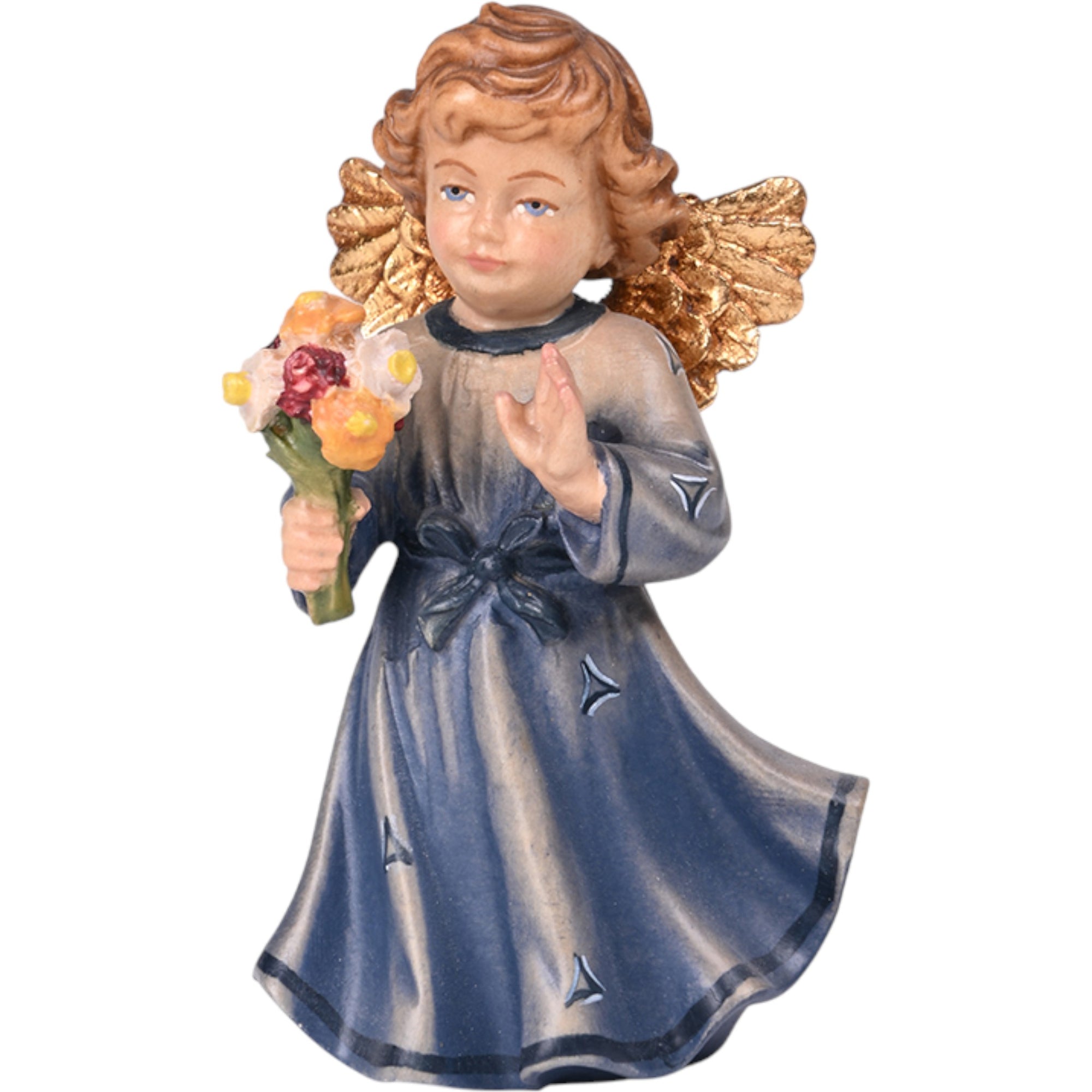 Angelo scolpito in legno acero con fiore - abito blu