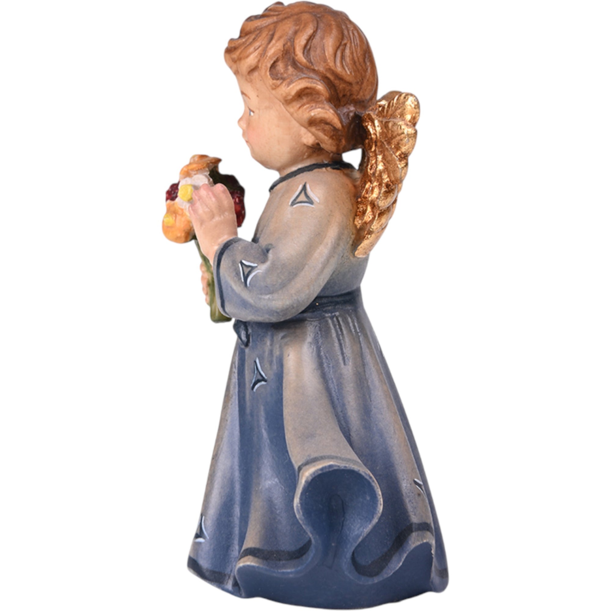 Angelo scolpito in legno acero con fiore - abito blu