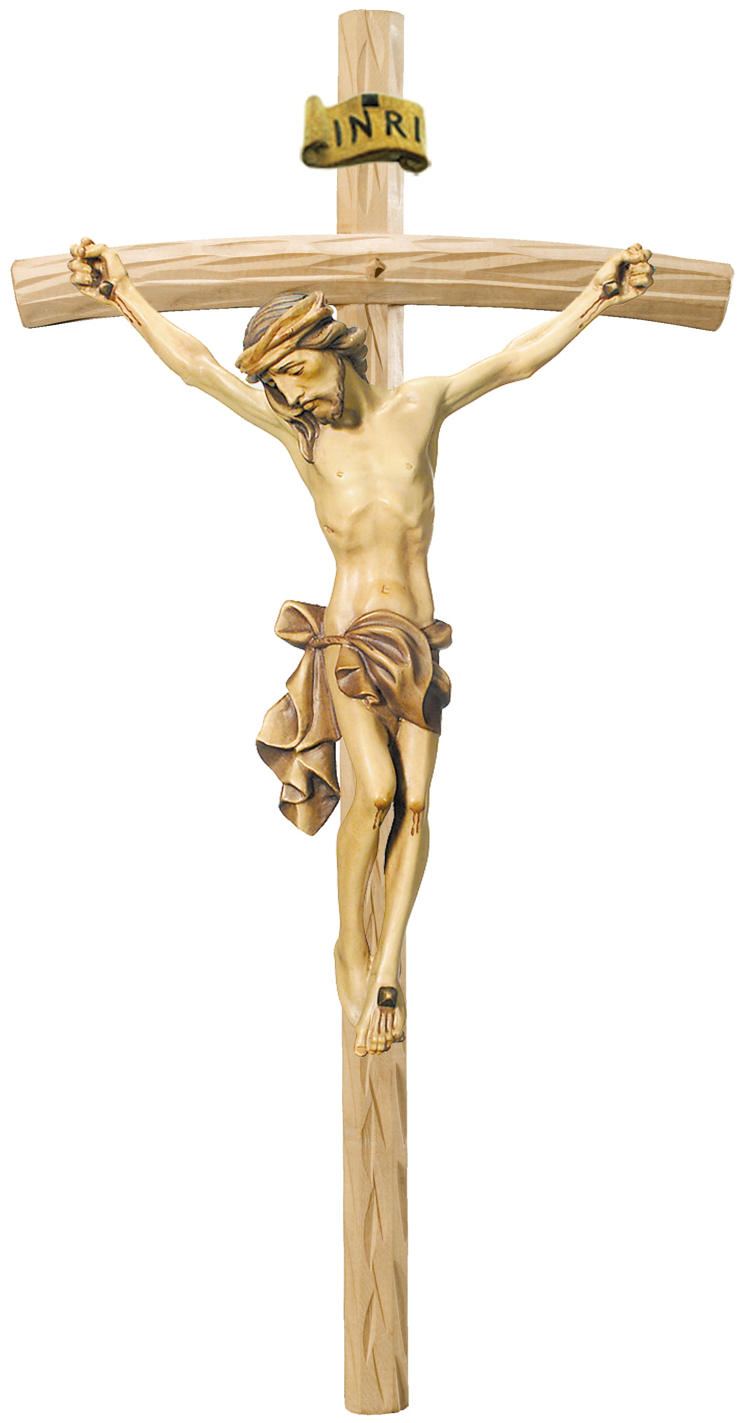 Christuskörper auf gebogenen hellen Balken - Blaues Tuch