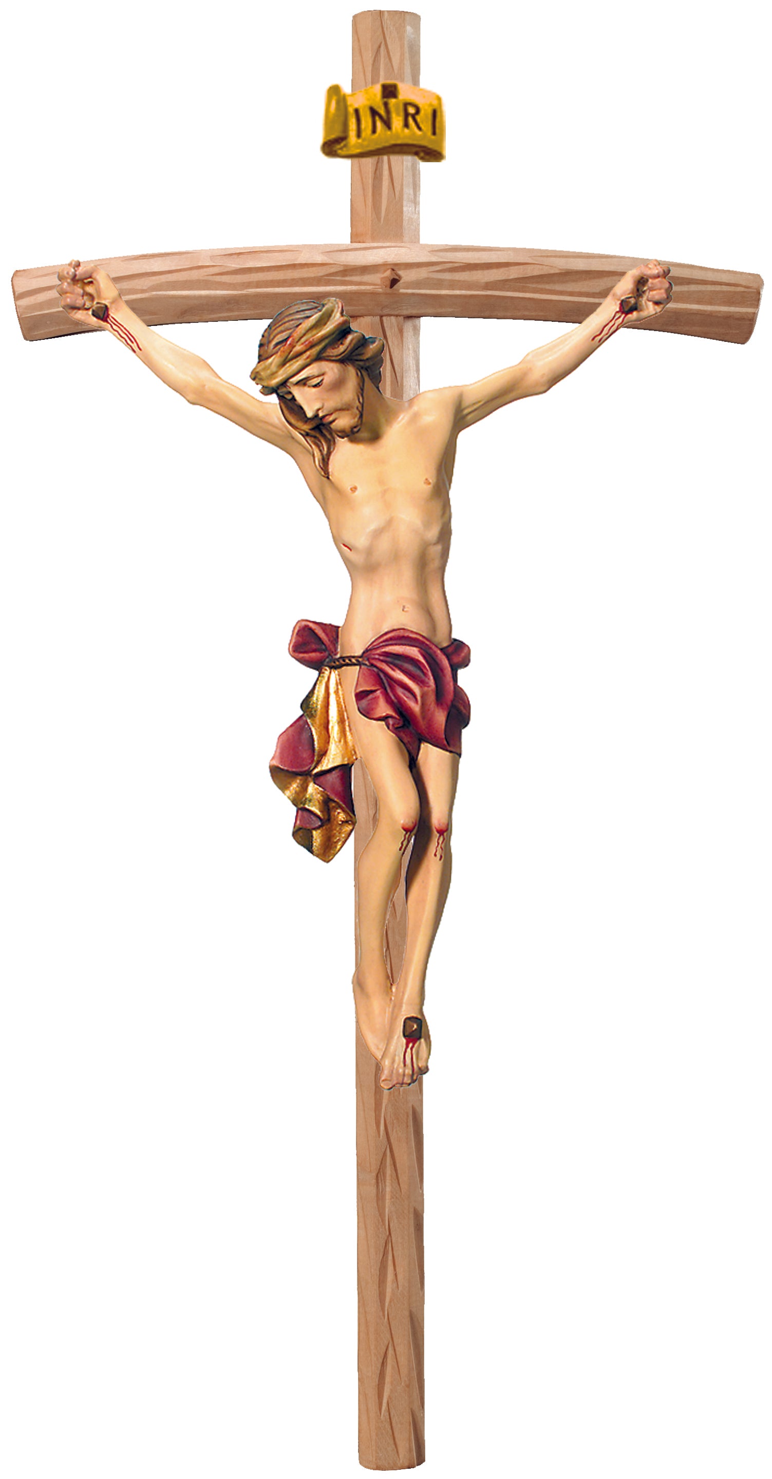 Christuskörper auf gebogenen hellen Balken - Blaues Tuch