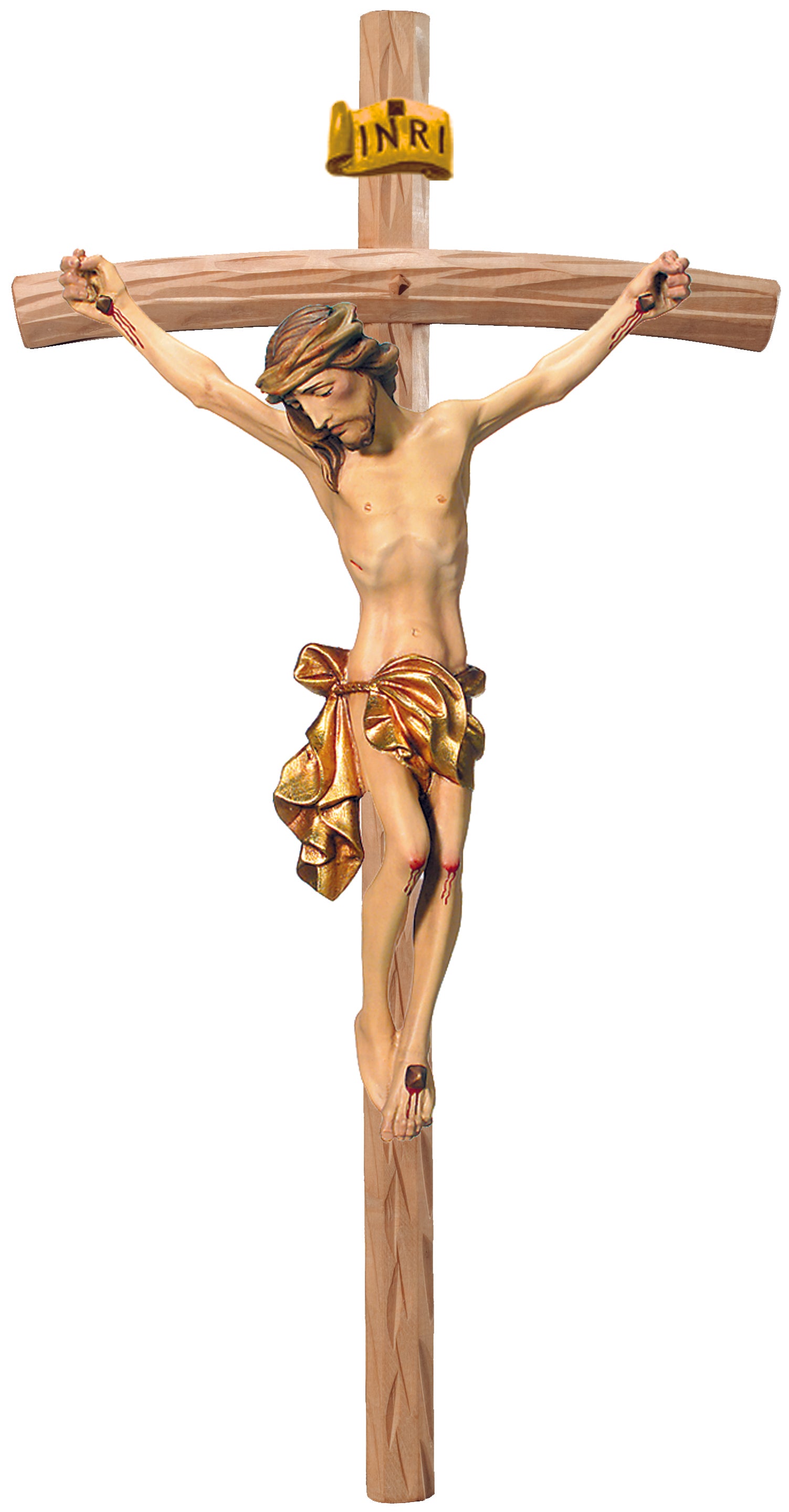 Christuskörper auf gebogenen hellen Balken - Blaues Tuch