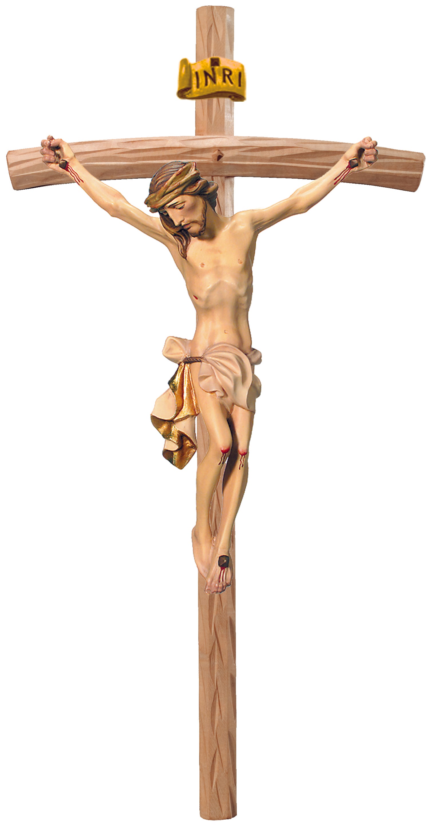 Christuskörper auf gebogenen hellen Balken - Blaues Tuch