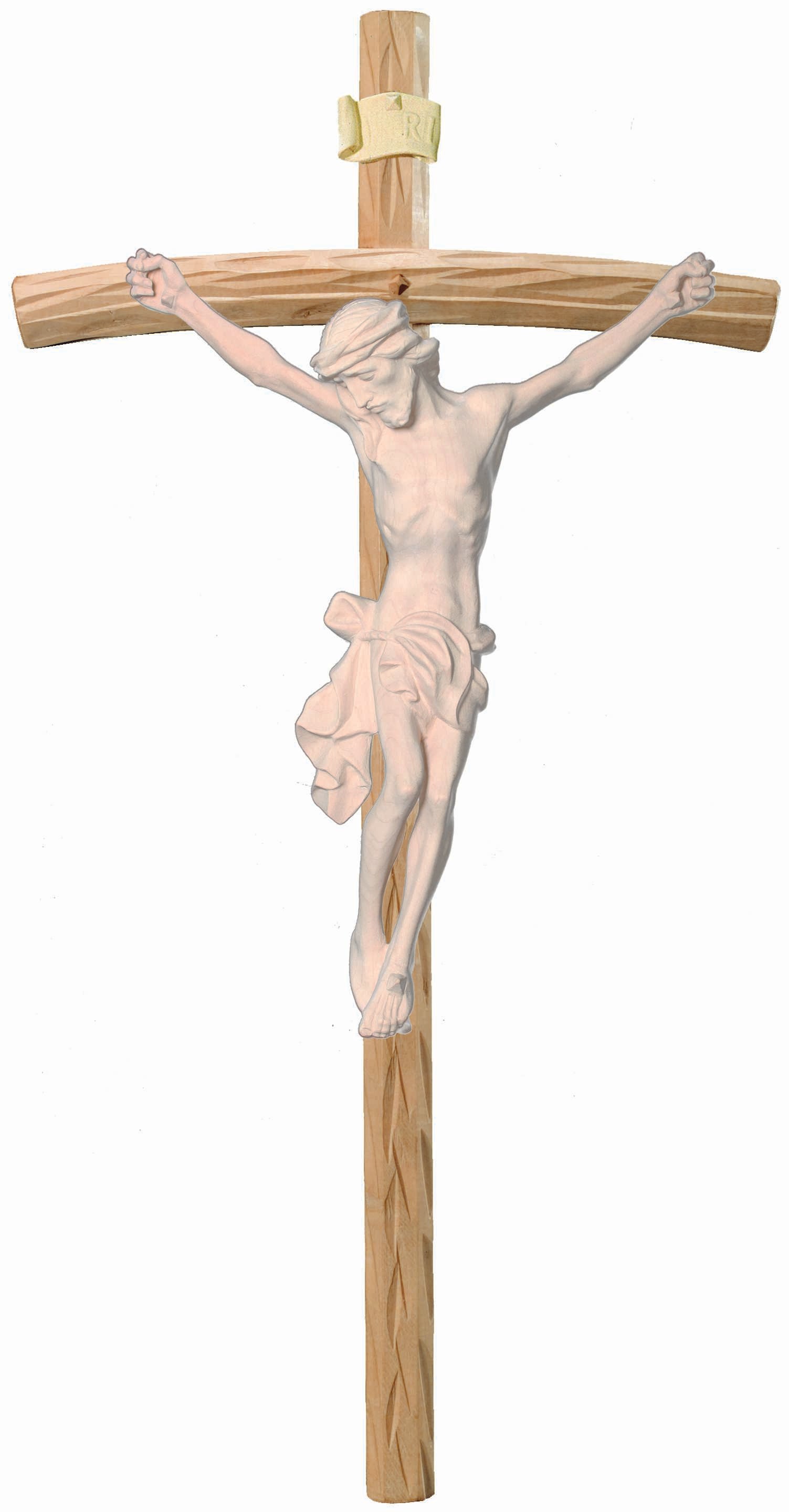 Christuskörper auf gebogenen hellen Balken - Blaues Tuch