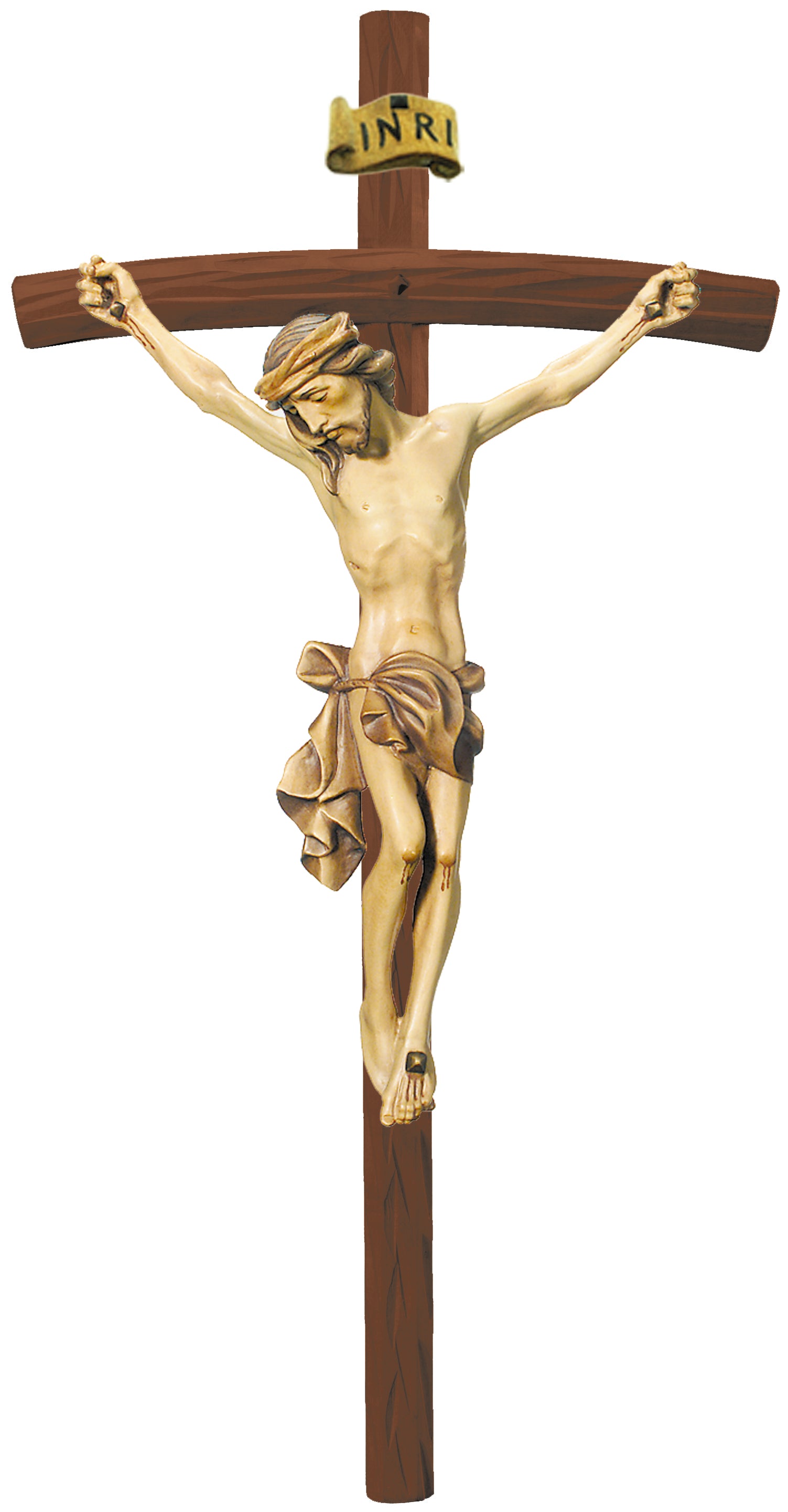 Christuskörper auf gebogenen dunklen Balken - Blaues Tuch