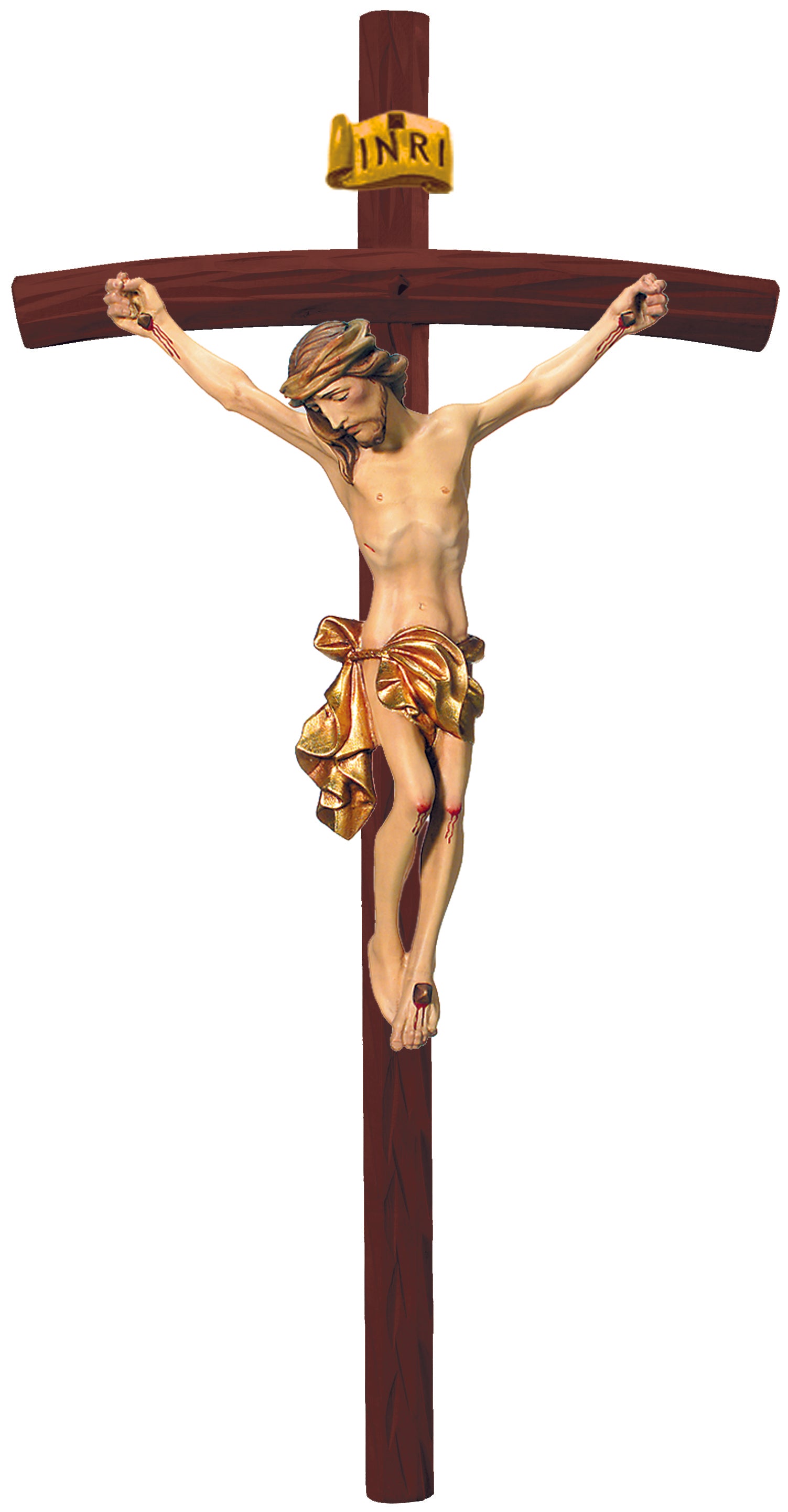 Christuskörper auf gebogenen dunklen Balken - Blaues Tuch