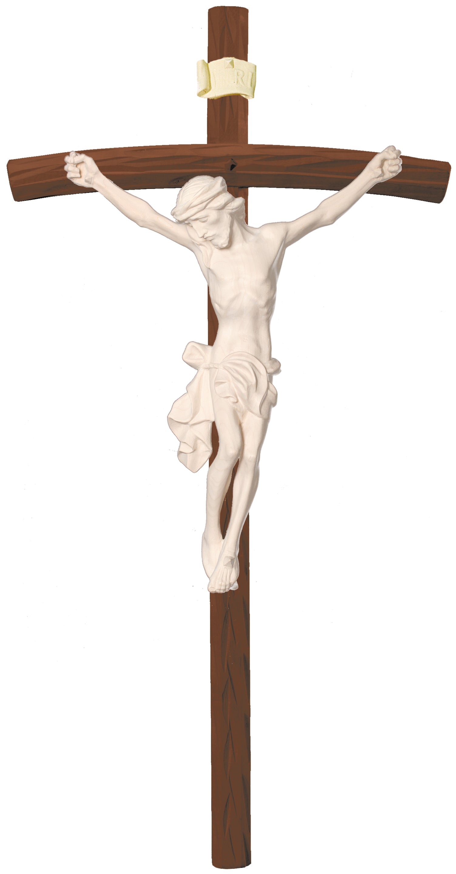 Christuskörper auf gebogenen dunklen Balken - Blaues Tuch