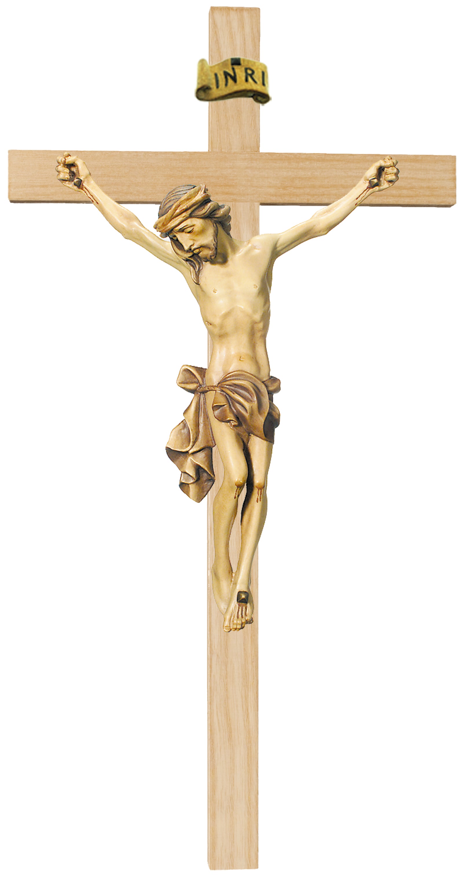 Kruzifix mit Christuskörper auf geraden Balken - Blaues Tuch