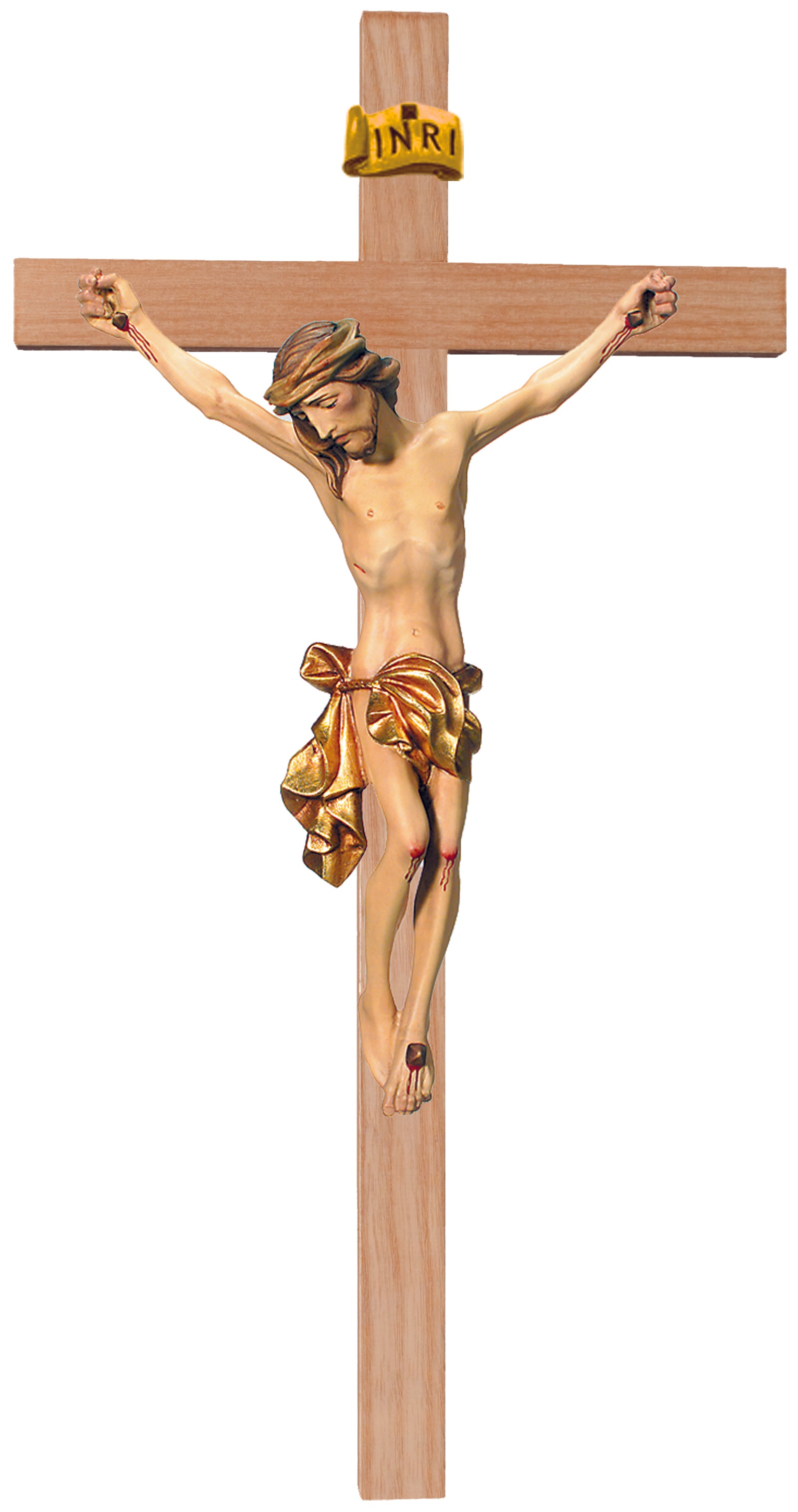 Kruzifix mit Christuskörper auf geraden Balken - Blaues Tuch