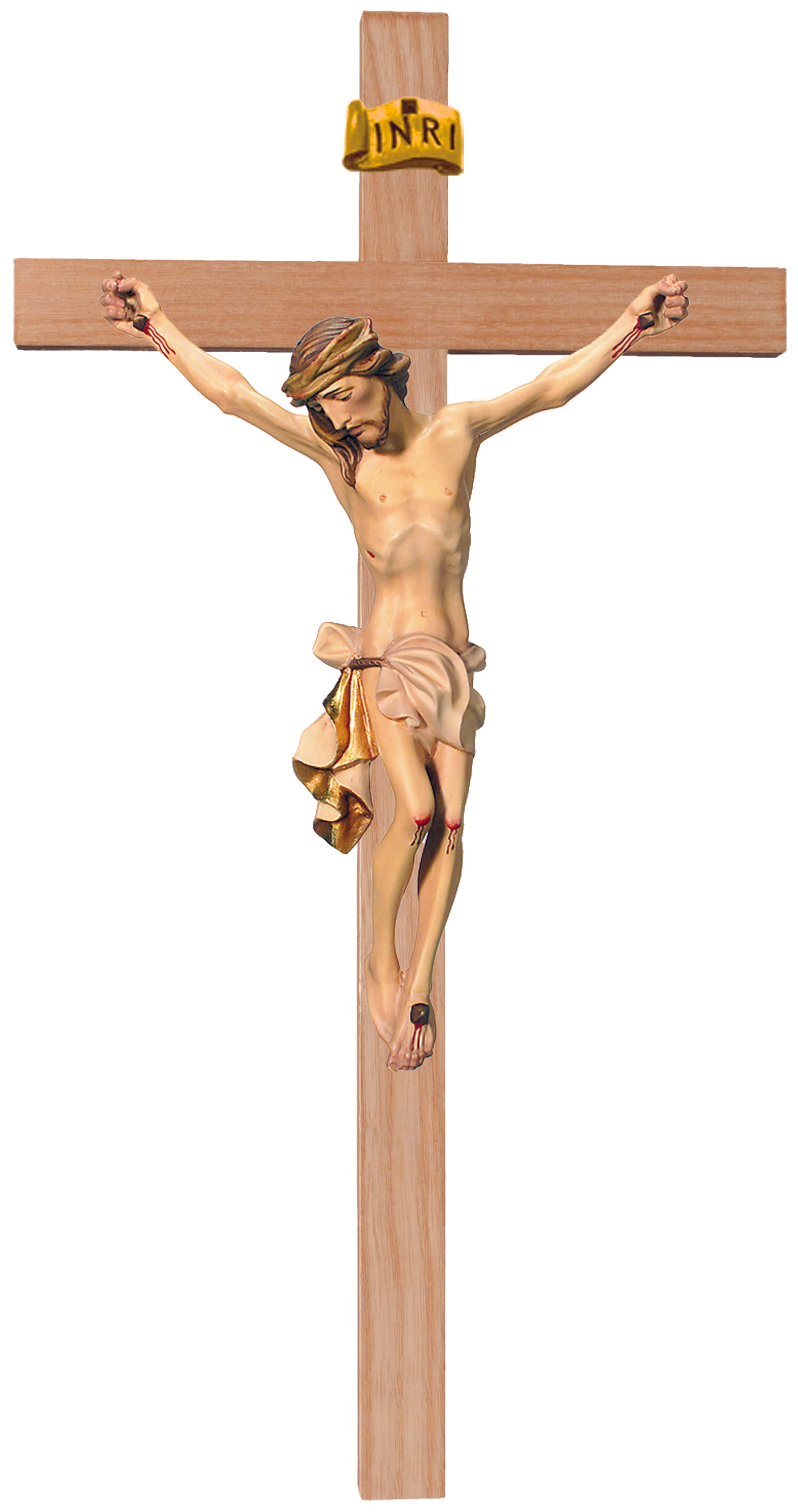 Kruzifix mit Christuskörper auf geraden Balken - Blaues Tuch