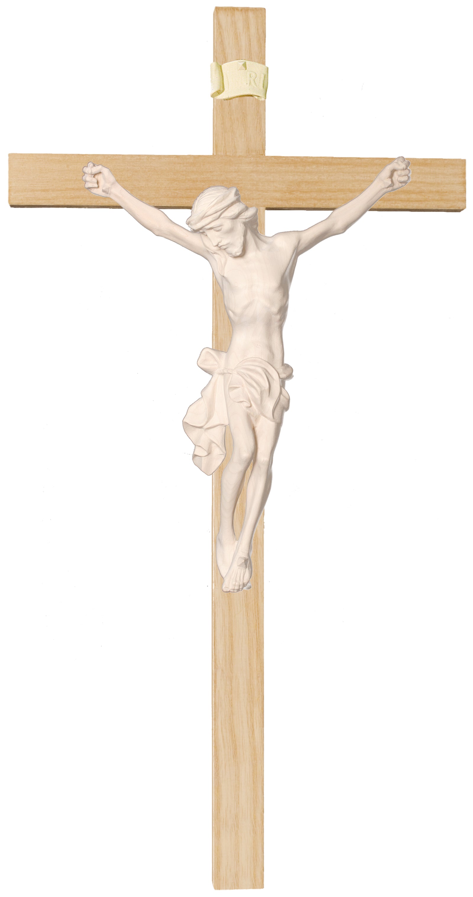 Kruzifix mit Christuskörper auf geraden Balken - Blaues Tuch