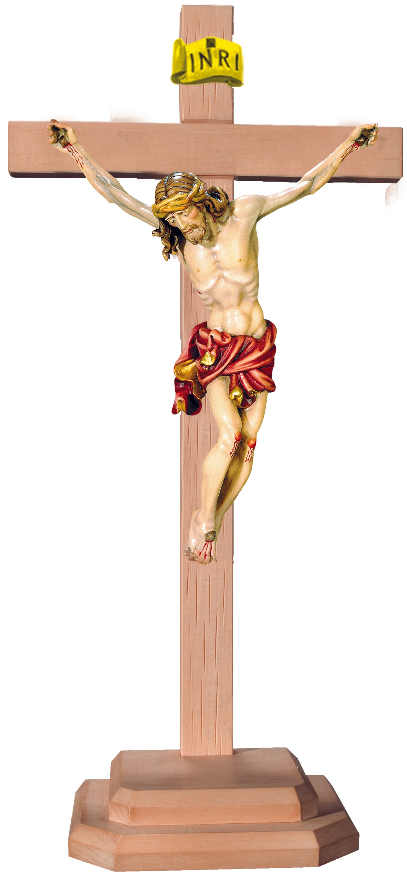 Christuskörper auf Sockel und geradem Balken - Blaues Tuch