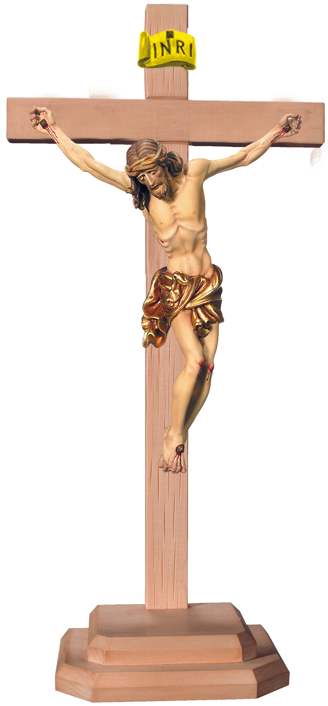 Christuskörper auf Sockel und geradem Balken - Blaues Tuch