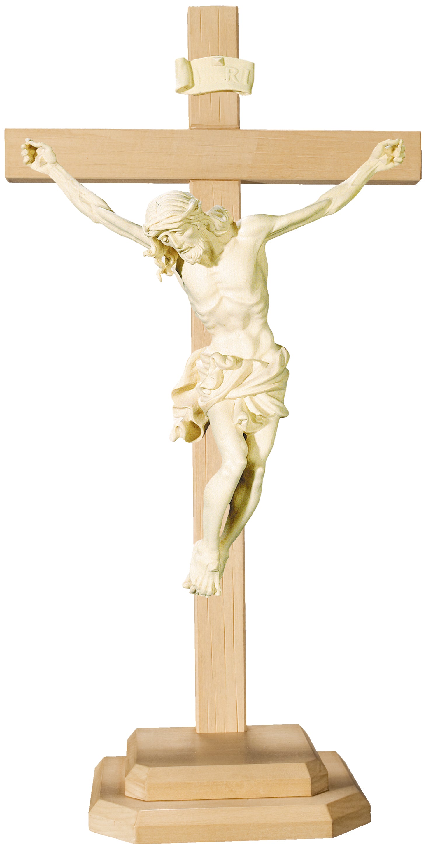 Christuskörper auf Sockel und geradem Balken - Blaues Tuch