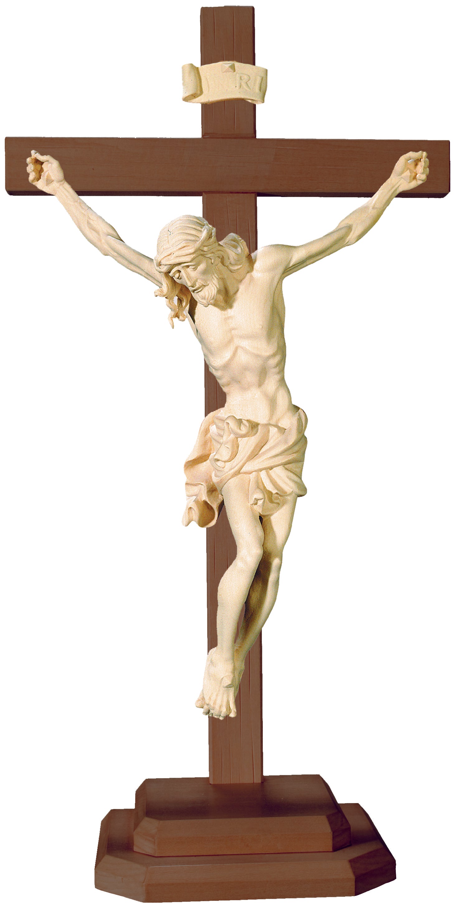 Christuskörper auf geraden Balken mit Sockel - Blaues Tuch