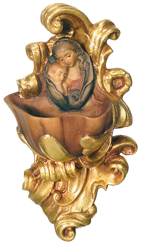 Weihwasser-Becken mit Madonna aus Holz - mit Ölfarben lasiert