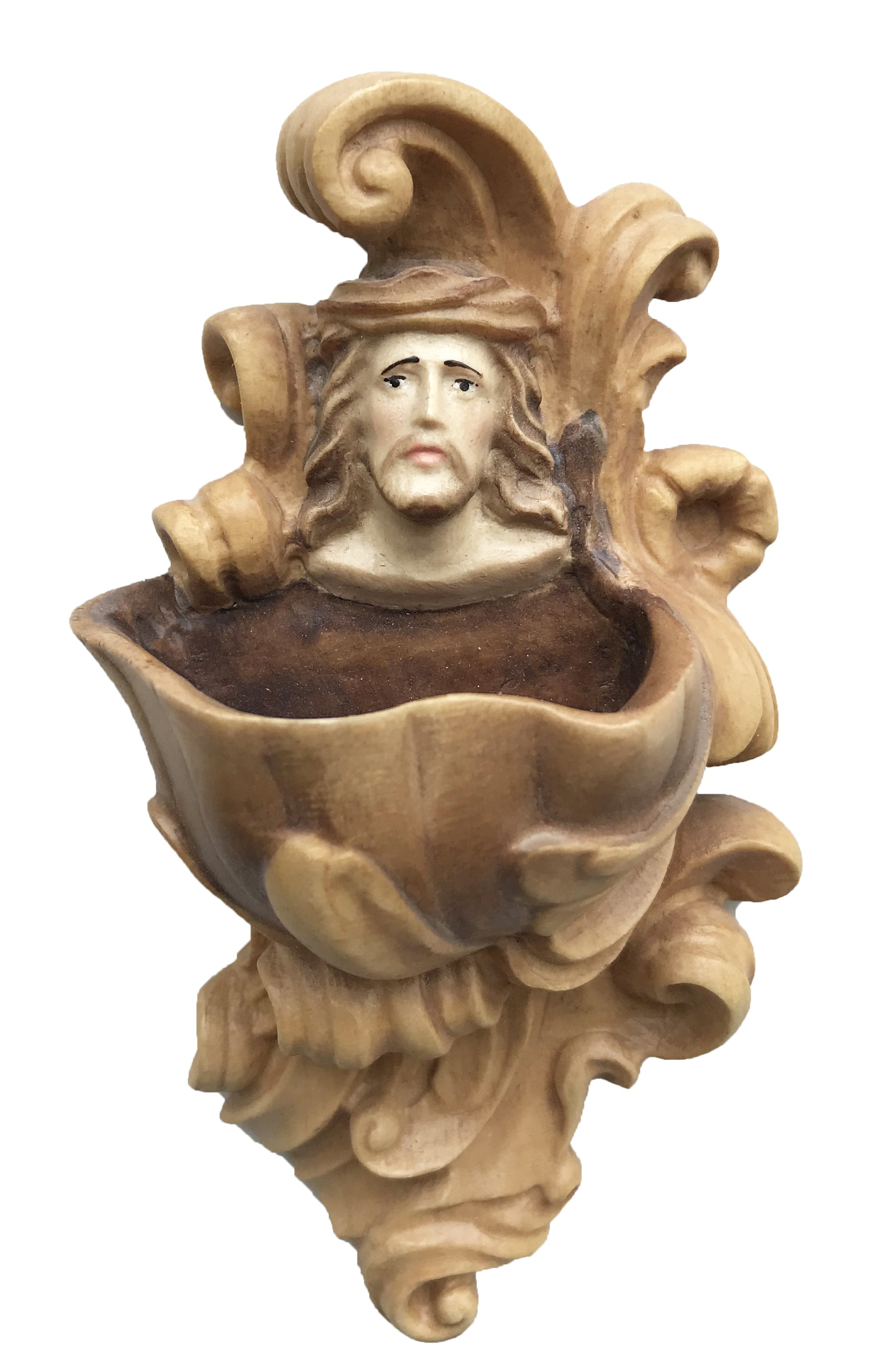 Weihwasser-Kessel mit Relief Christus aus Holz - mit Ölfarben lasiert
