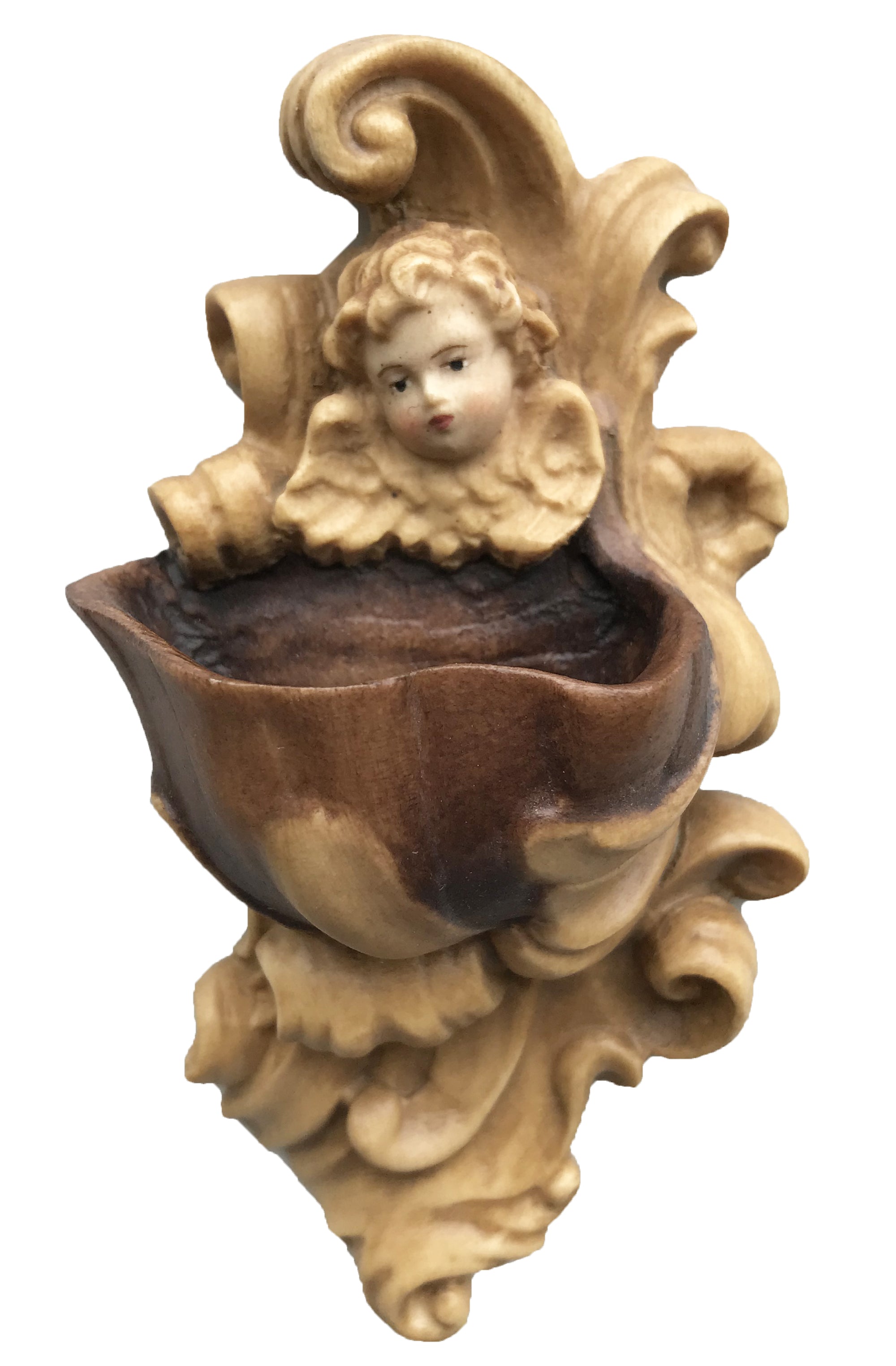 Weihwasser-Becken mit Engelkopf aus Holz - mit Ölfarben lasiert