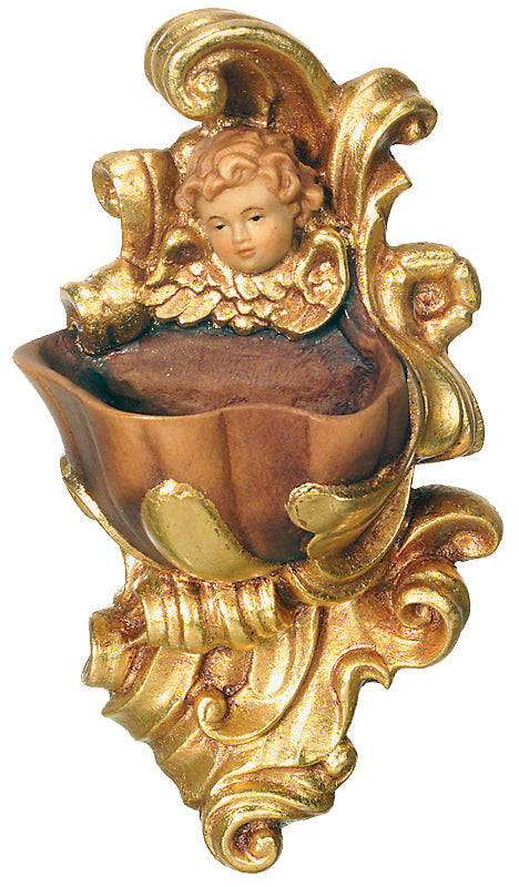 Weihwasser-Becken mit Engelkopf aus Holz - mit Ölfarben lasiert