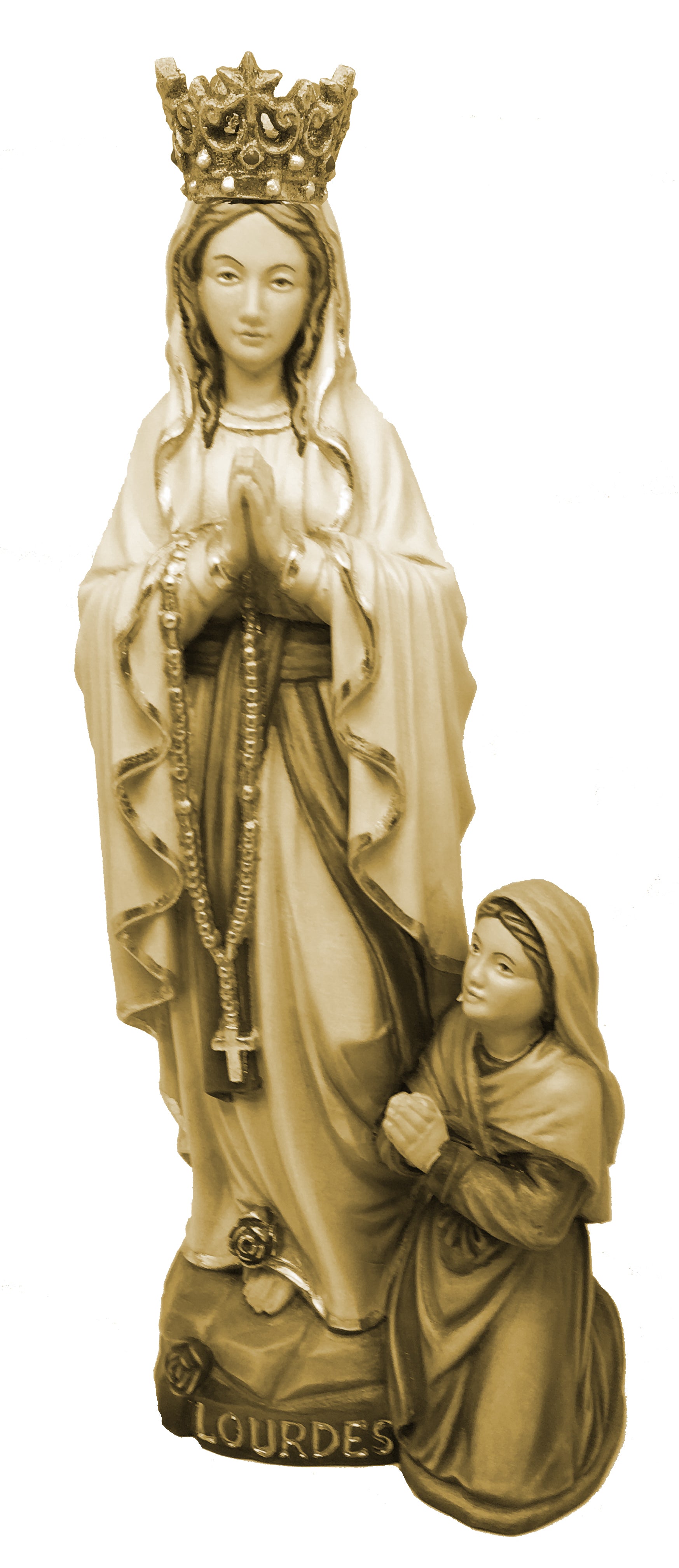 Our Lady of Lourdes with Crown, Bernadette in wood - color