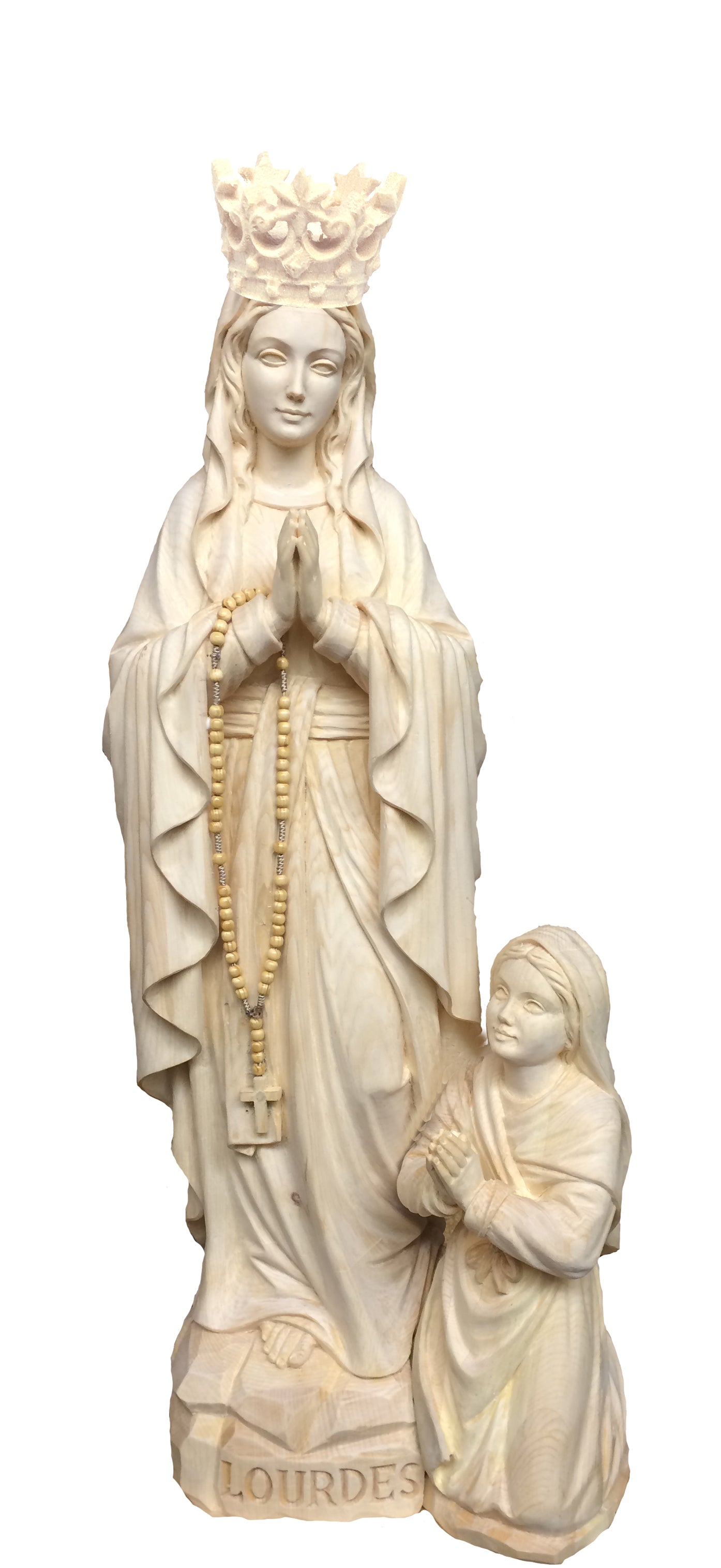 Our Lady of Lourdes with Crown, Bernadette in wood - color