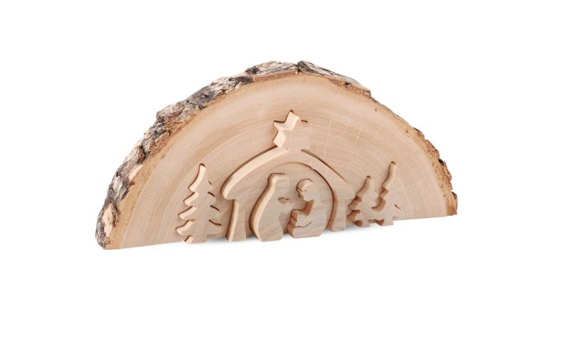Weihnachtskrippen aus Holz mit Rinde