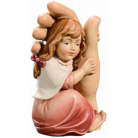 Wood guardian angel with little girl statue - painted