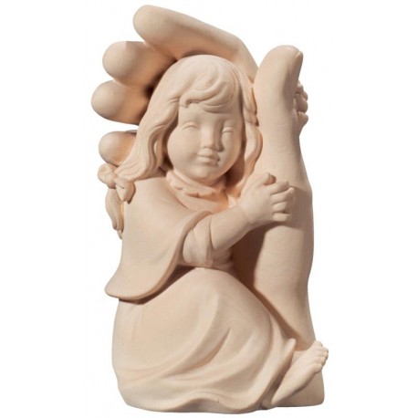 Wood guardian angel with little girl statue - natural
