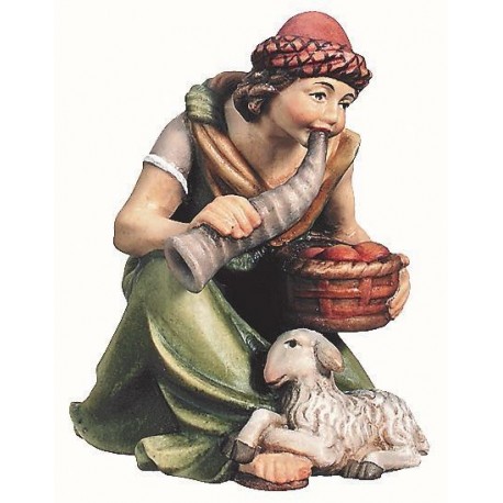 Pastore seduto che suona il corno con pecora - colorato a olio