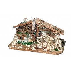 Presepe da 14 figurine con capanna in legno fatta a mano - naturale