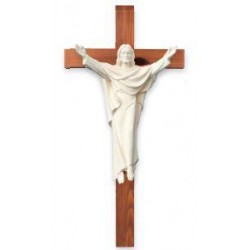 Risen Christ on Cross wood carved statue - natural