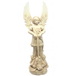 San Michele Arcangelo con spada e diavolo in legno - naturale