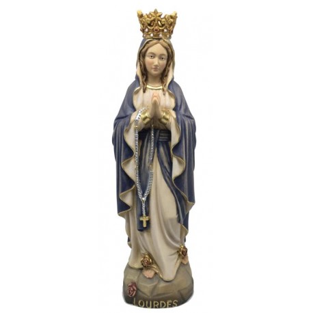 Our Lady of Lourdes with Crown in wood - Blue cloth