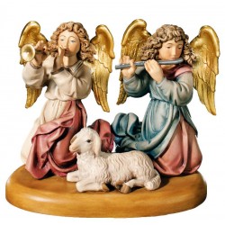 Due angeli con pecora per presepe in legno