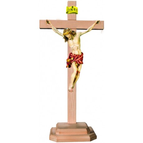 Body of Christ wood carved on straight cross and base - Red cloth