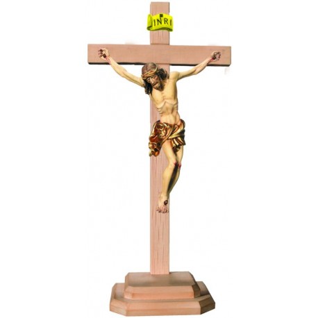Body of Christ wood carved on straight cross and base - Gilded cloth