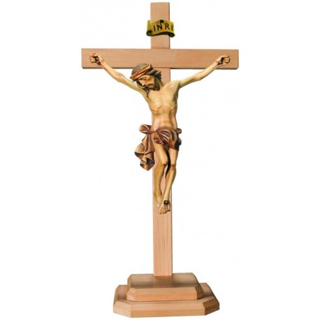 Body of Christ wood carving on Straight Cross and Base - brown shades