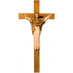 Risen Christ on Cross wood carved statue - brown shades