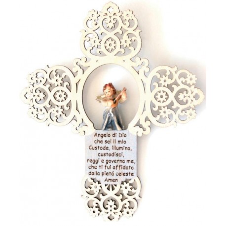 Croce con angelo custode legno con preghiera