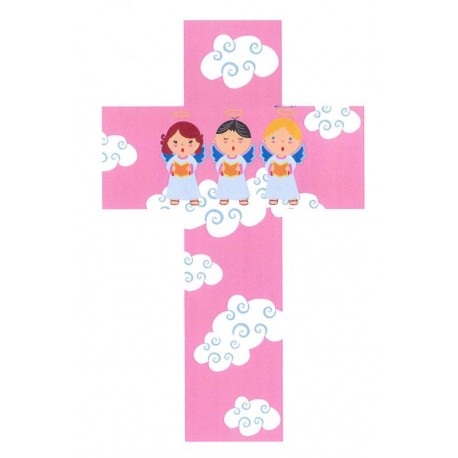 Croce con 3 angeli di colore rosa per bimbi