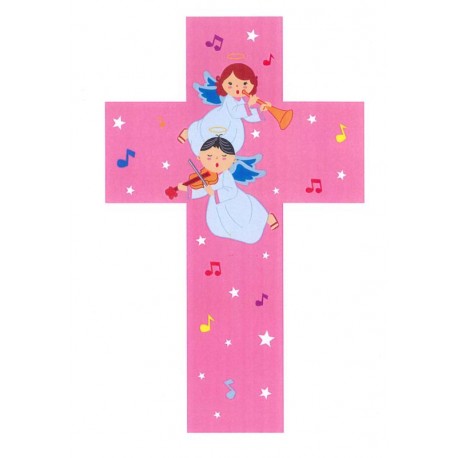 Wooden Cross in Pink with Angels for Girls