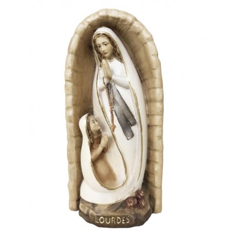 Madonna Lourdes con Bernadette nella grotta in legno - brunito 3 col.