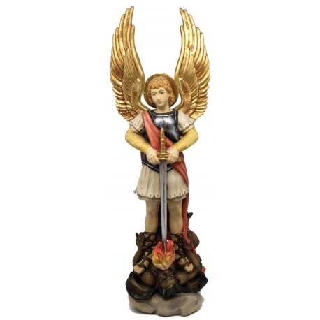 San Michele Arcangelo con spada e diavolo in legno - colorato a olio
